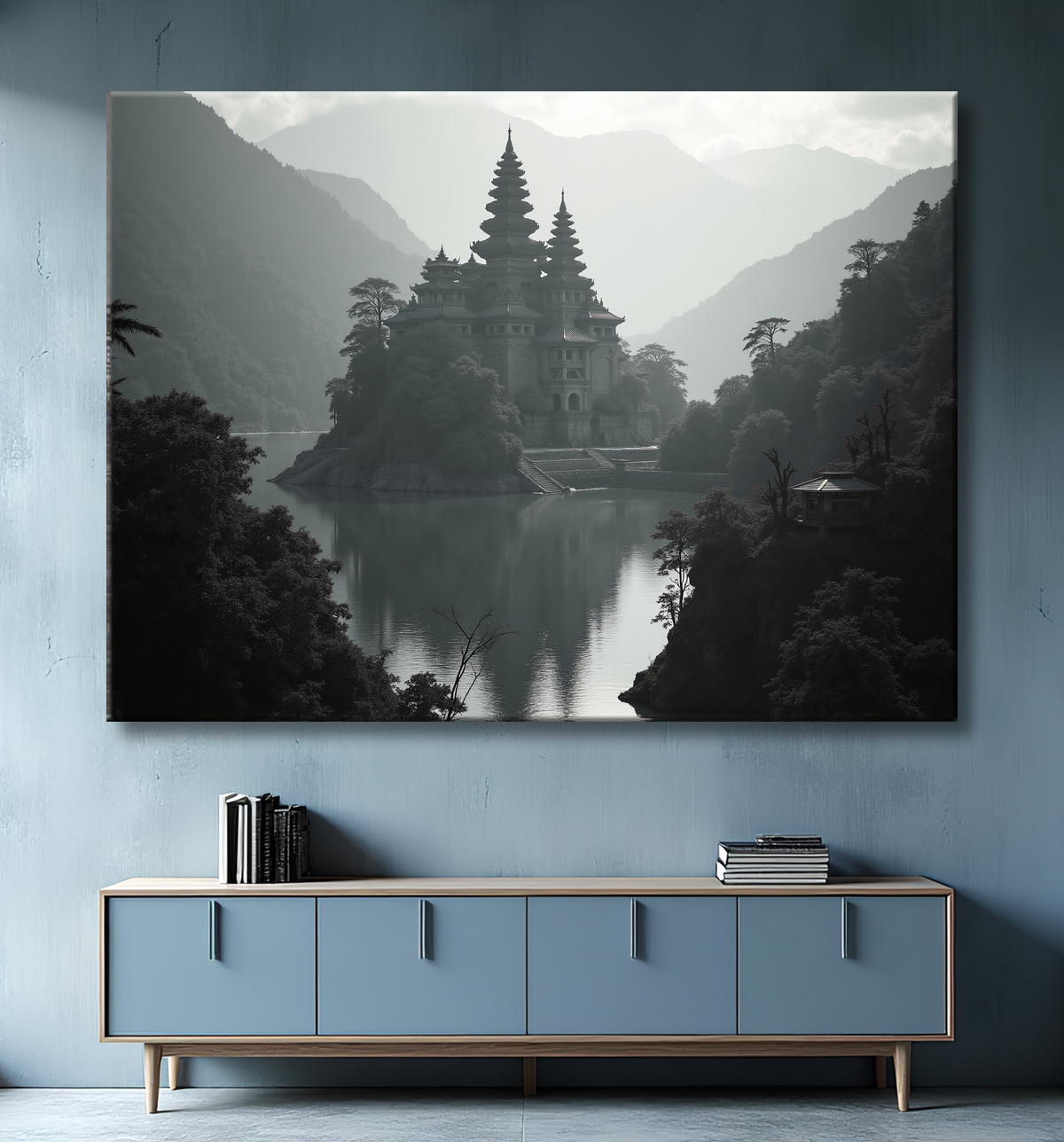 Pagode asiatique dans un paysage de montagnes avec decor