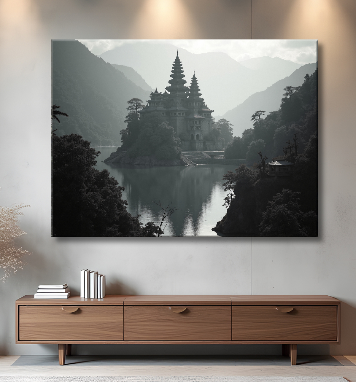 Pagode asiatique dans un paysage de montagnes avec decor