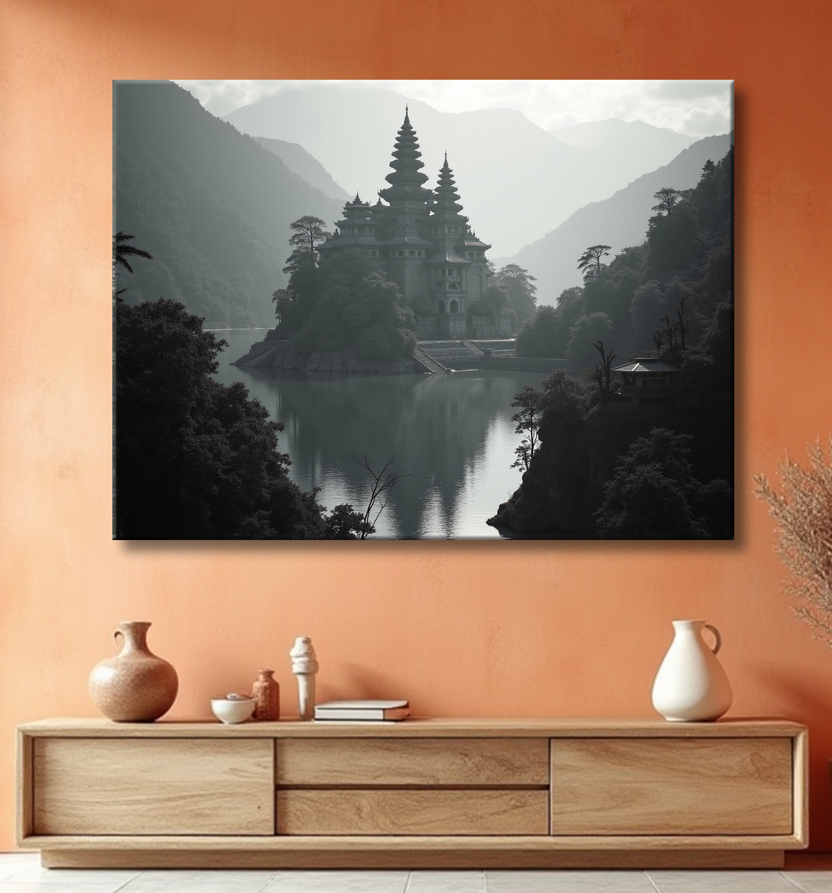Pagode asiatique dans un paysage de montagnes avec decor