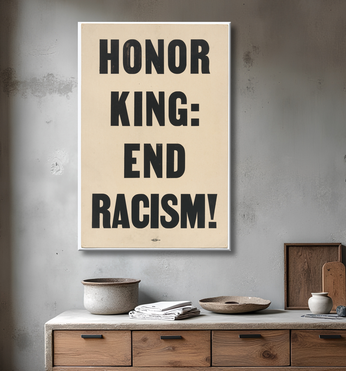 Reproduction Pancarte indiquant "HONOR KING: END RACISM" portée en 1968 Memphis March de Unidentified avec decor
