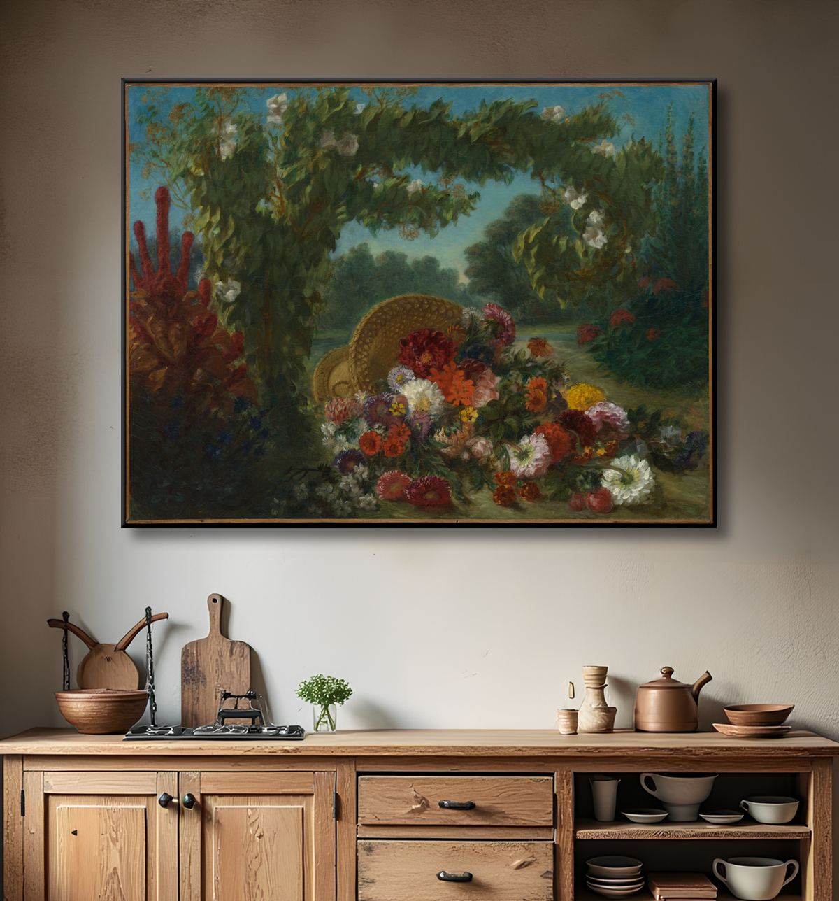 Reproduction Panier de fleurs de Eugène Delacroix avec decor