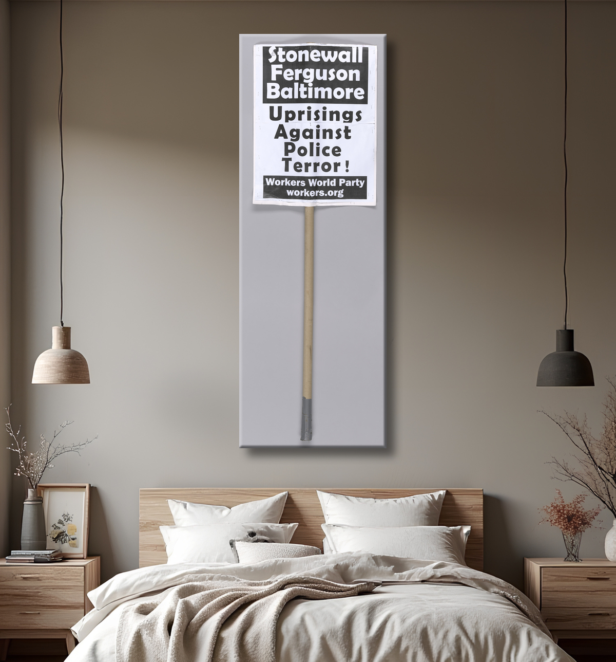 Reproduction Panneau indiquant "Mettre fin à la terreur raciste !" utilisé à Million Man March 20th Anniversary de Workers World Party (WWP), American, founded 1959 avec decor