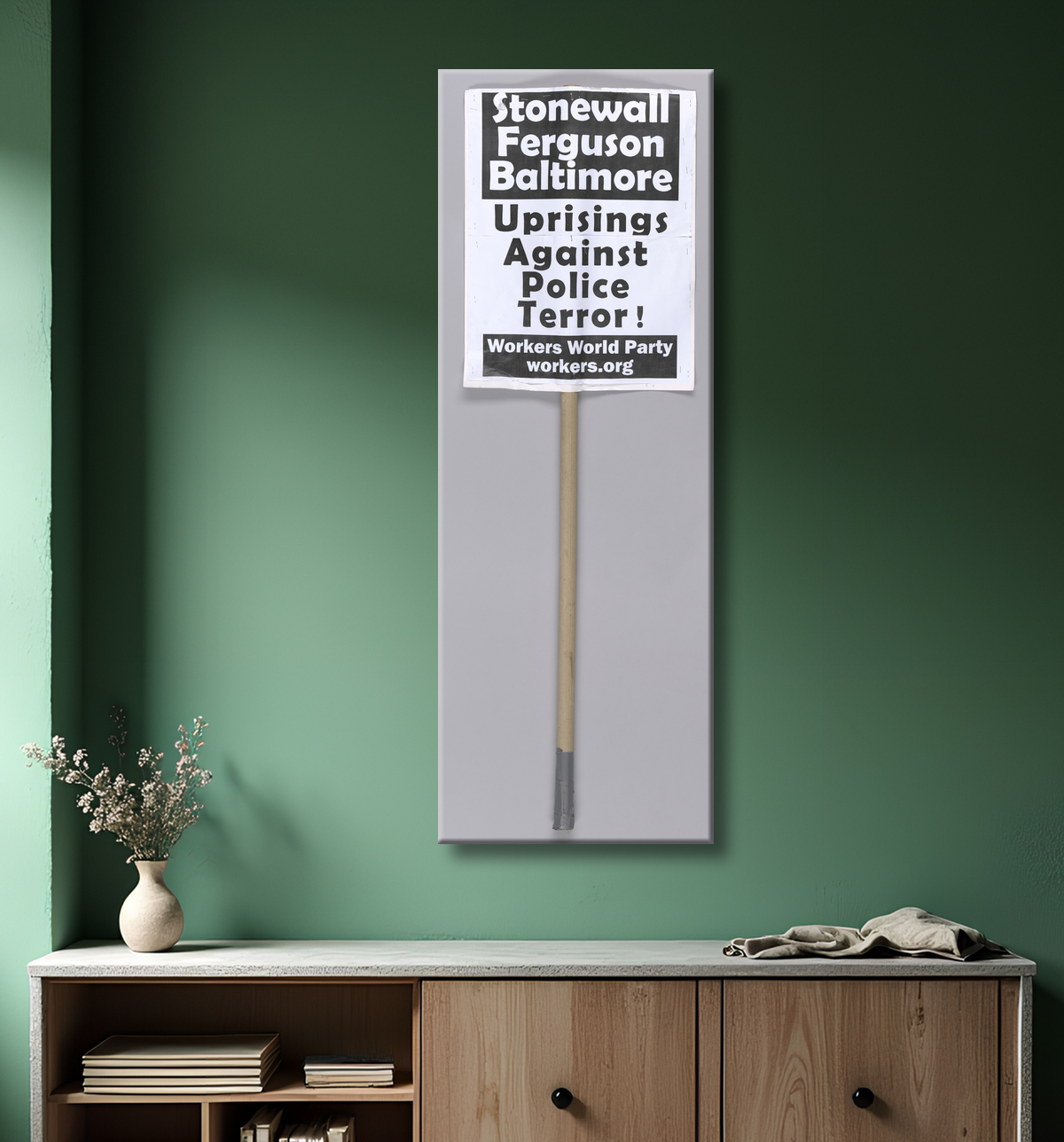 Reproduction Panneau indiquant "Mettre fin à la terreur raciste !" utilisé à Million Man March 20th Anniversary de Workers World Party (WWP), American, founded 1959 avec decor
