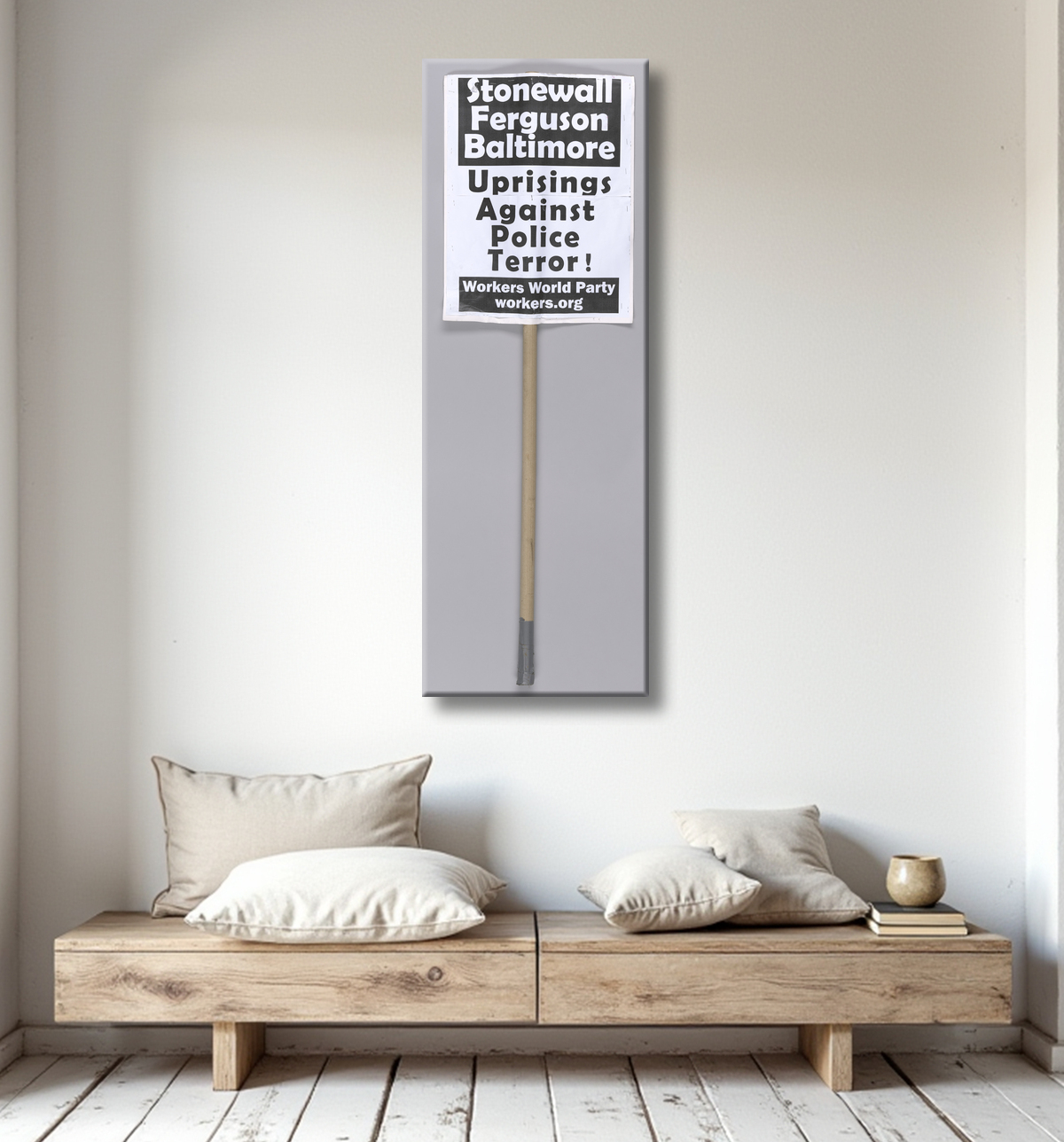 Reproduction Panneau indiquant "Mettre fin à la terreur raciste !" utilisé à Million Man March 20th Anniversary de Workers World Party (WWP), American, founded 1959 avec decor