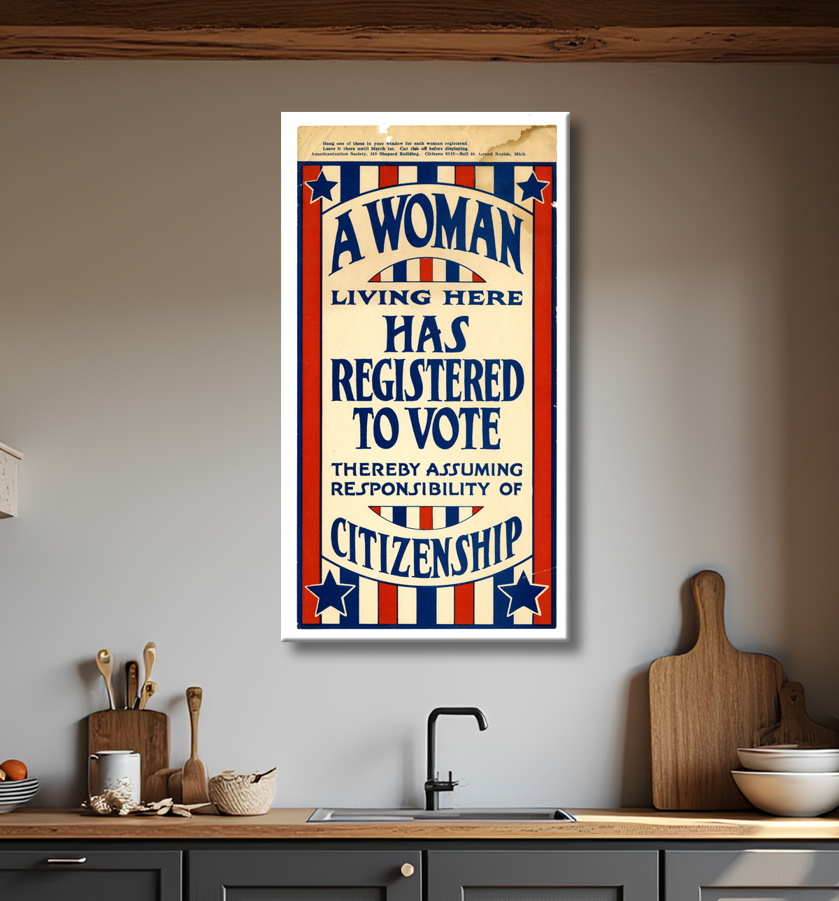 Reproduction Panneau, "Une femme vivant ici s'est inscrite pour voter", 1919 avec decor