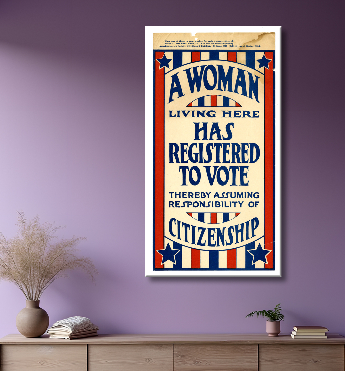 Reproduction Panneau, "Une femme vivant ici s'est inscrite pour voter", 1919 avec decor