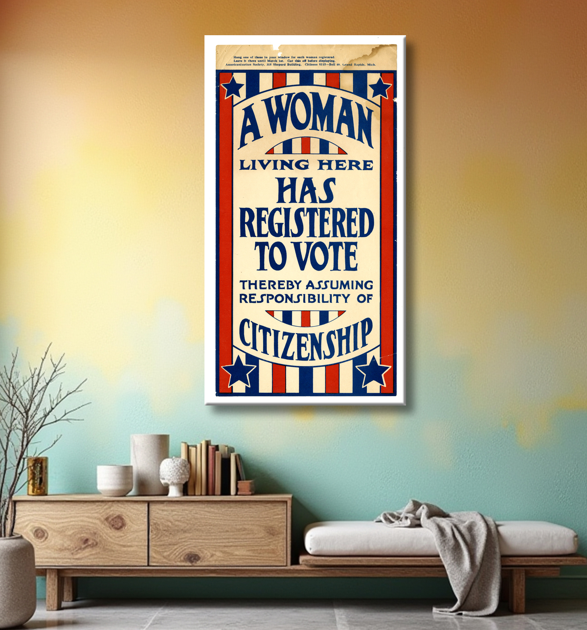 Reproduction Panneau, "Une femme vivant ici s'est inscrite pour voter", 1919 avec decor