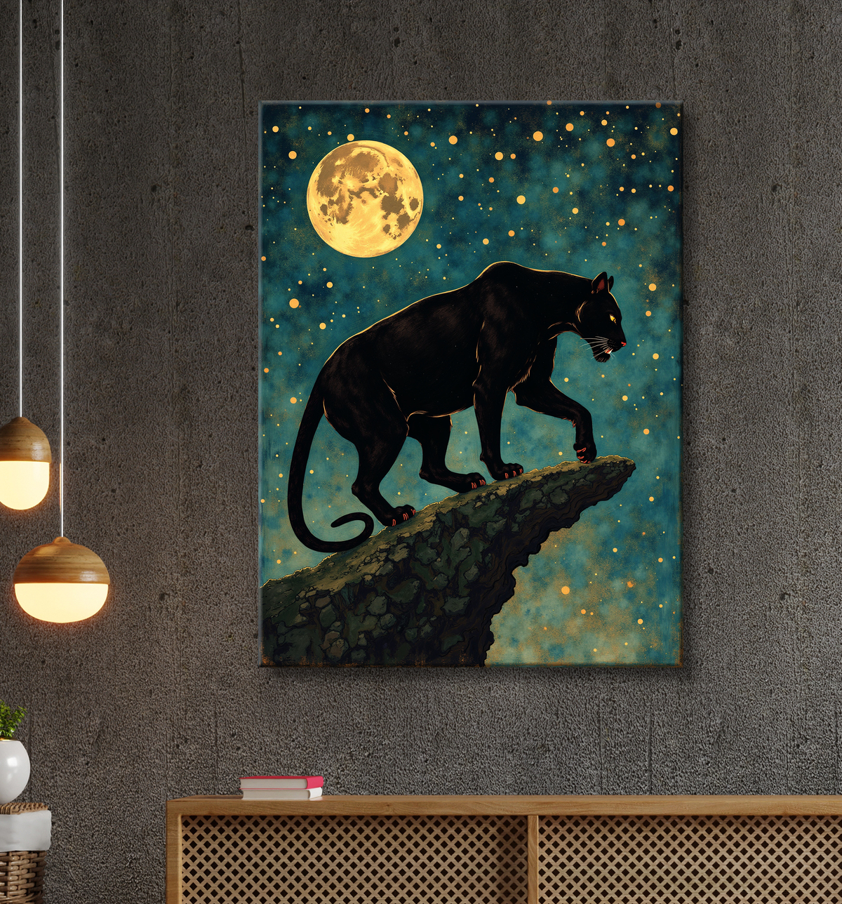 Tableau panthère noire féerique - Illustration magique sous un ciel étoilé avec decor