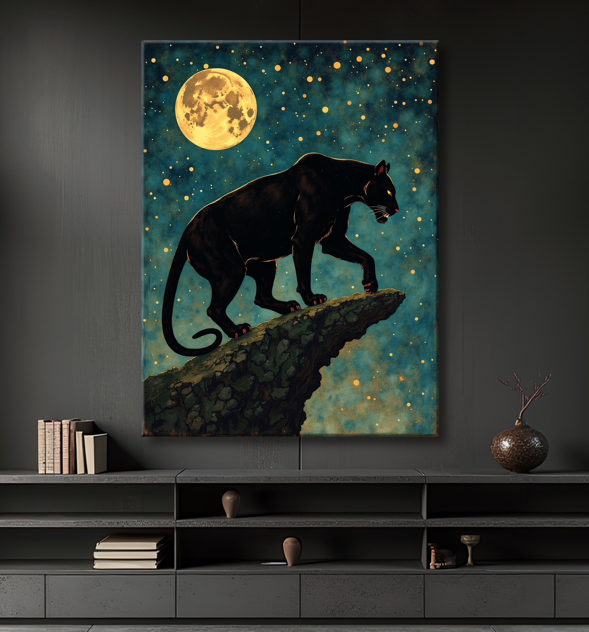 Tableau panthère noire féerique - Illustration magique sous un ciel étoilé avec decor