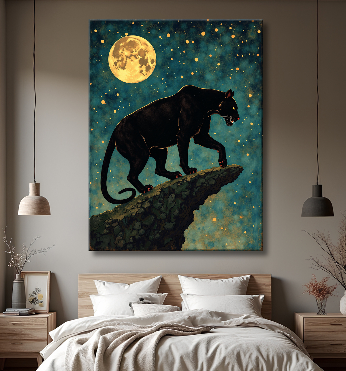 Tableau panthère noire féerique - Illustration magique sous un ciel étoilé avec decor