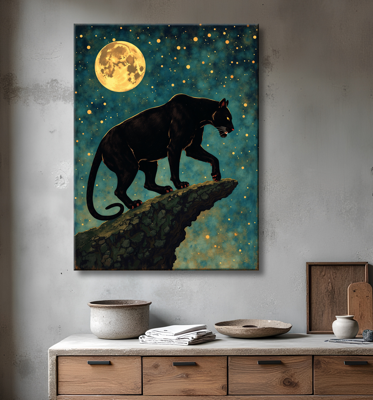 Tableau panthère noire féerique - Illustration magique sous un ciel étoilé avec decor