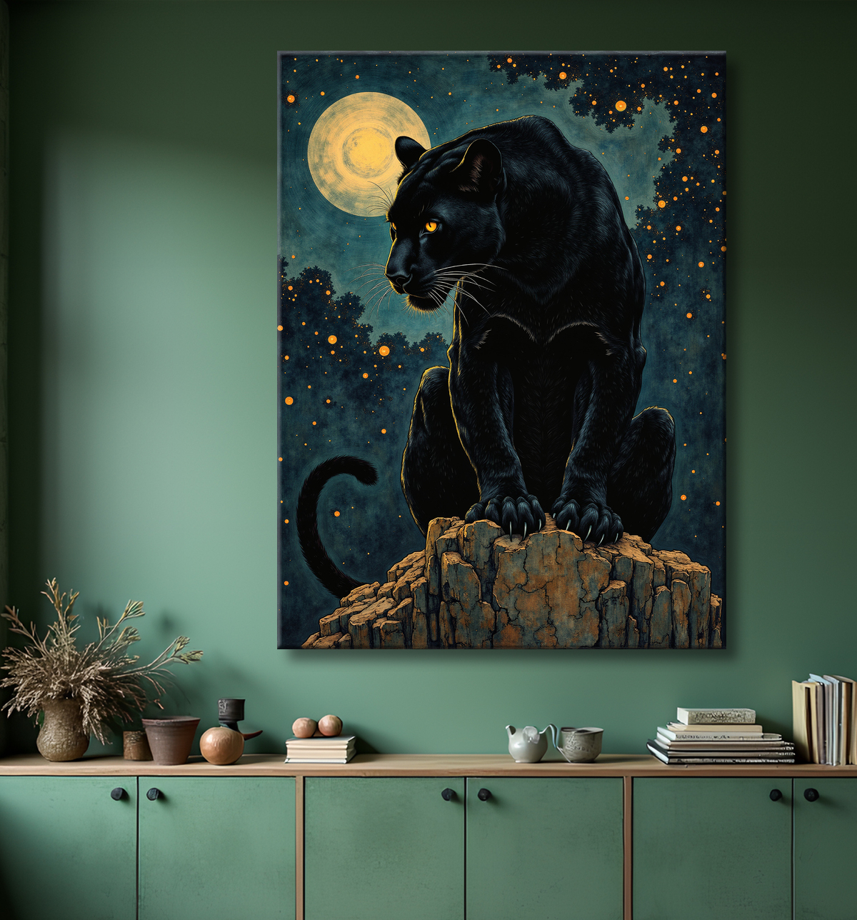 Tableau panthère noire féerique - Illustration magique sous un ciel étoilé avec decor