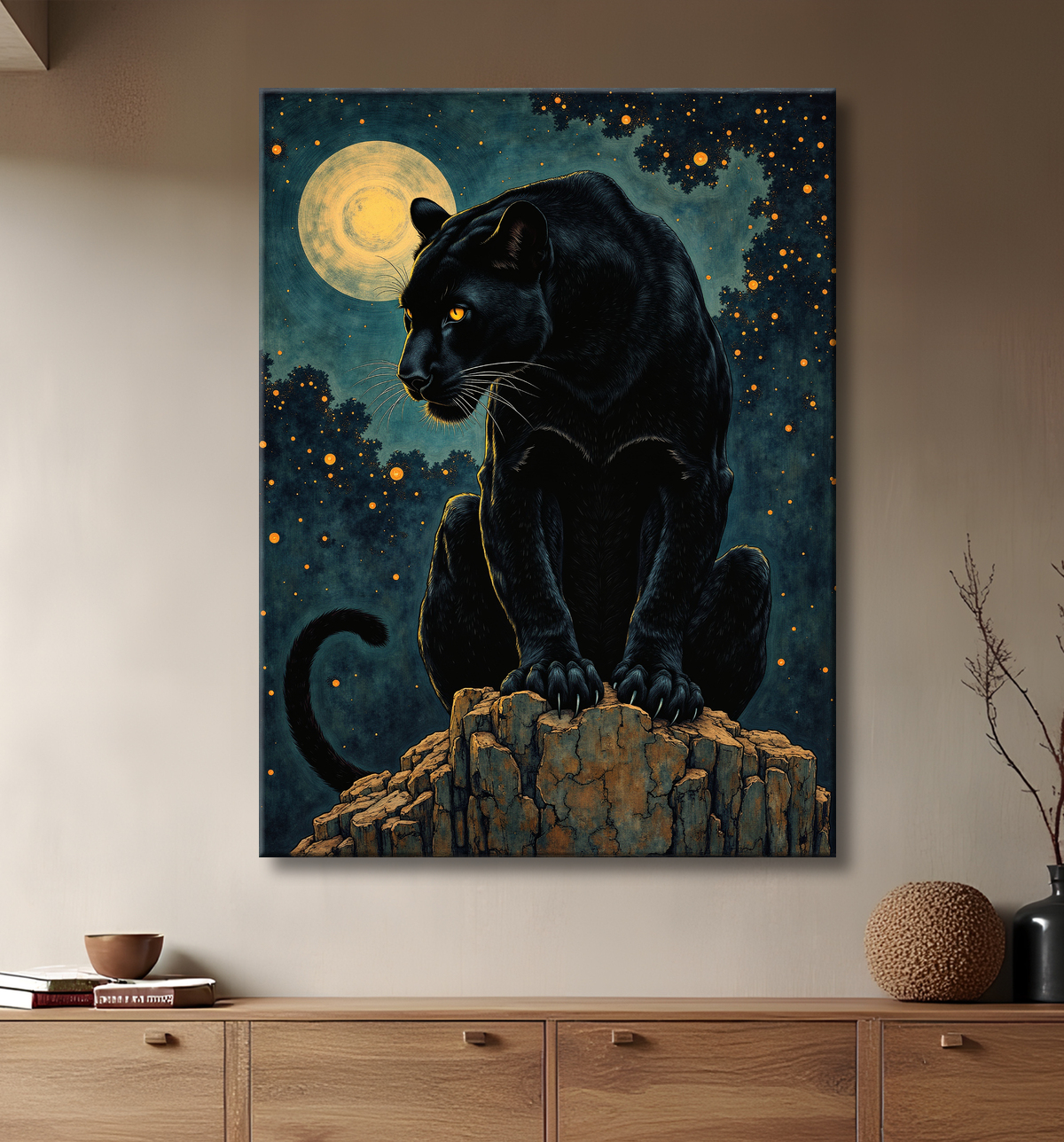 Tableau panthère noire féerique - Illustration magique sous un ciel étoilé avec decor