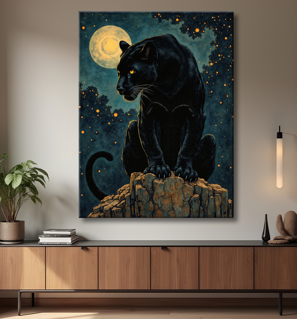 Tableau panthère noire féerique - Illustration magique sous un ciel étoilé avec decor