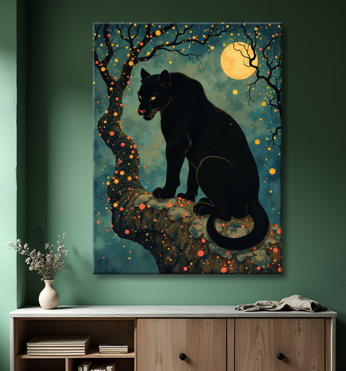 Tableau panthère noire féerique - Illustration magique sous un ciel étoilé avec decor