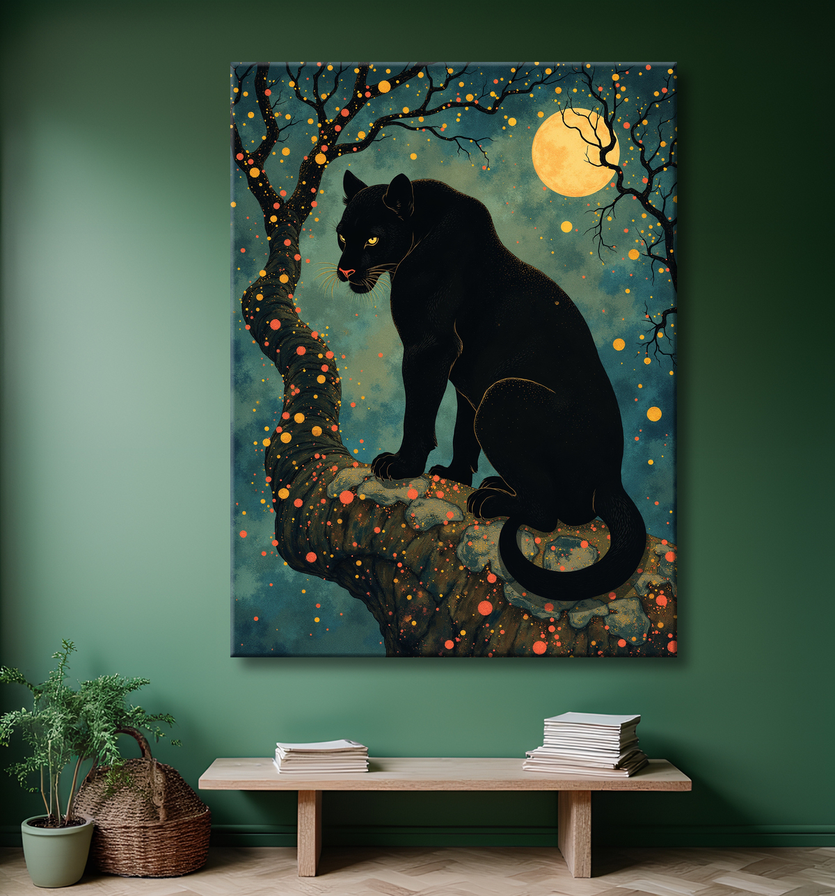 Tableau panthère noire féerique - Illustration magique sous un ciel étoilé avec decor