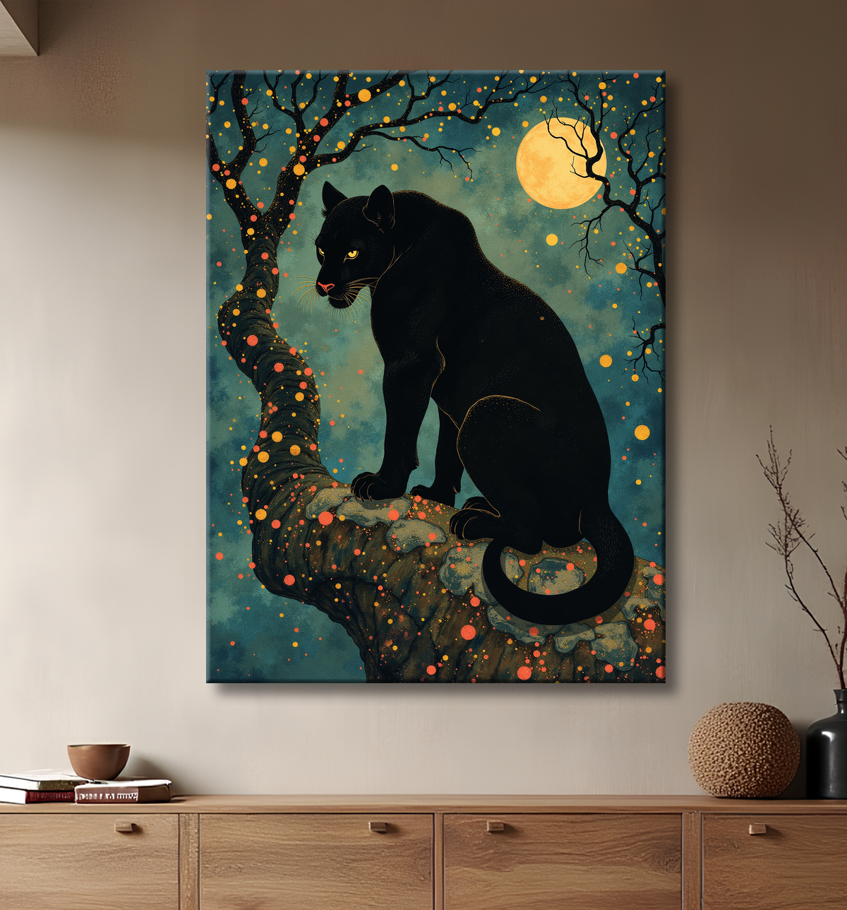 Tableau panthère noire féerique - Illustration magique sous un ciel étoilé avec decor