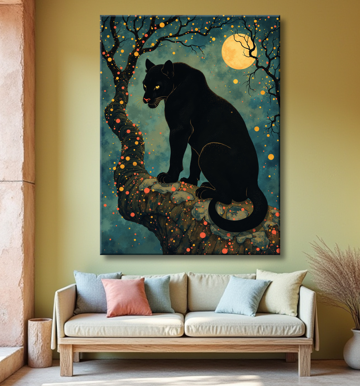 Tableau panthère noire féerique - Illustration magique sous un ciel étoilé avec decor