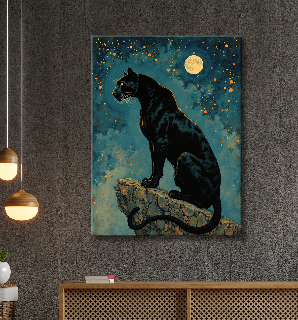 Tableau panthère noire féerique - Illustration magique sous un ciel étoilé avec decor