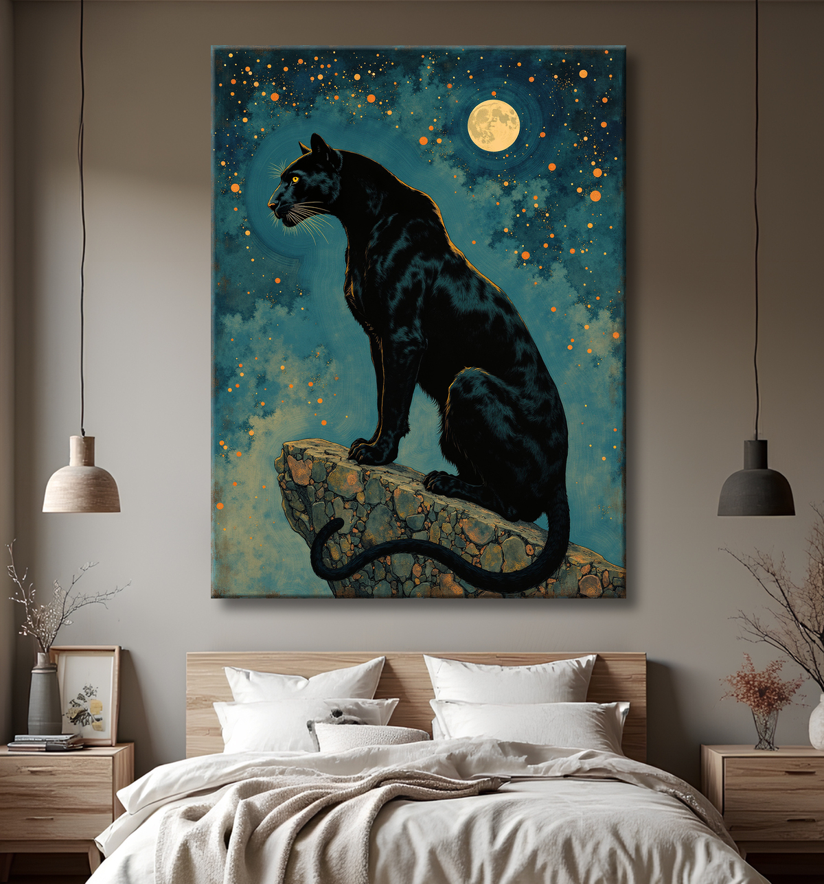 Tableau panthère noire féerique - Illustration magique sous un ciel étoilé avec decor