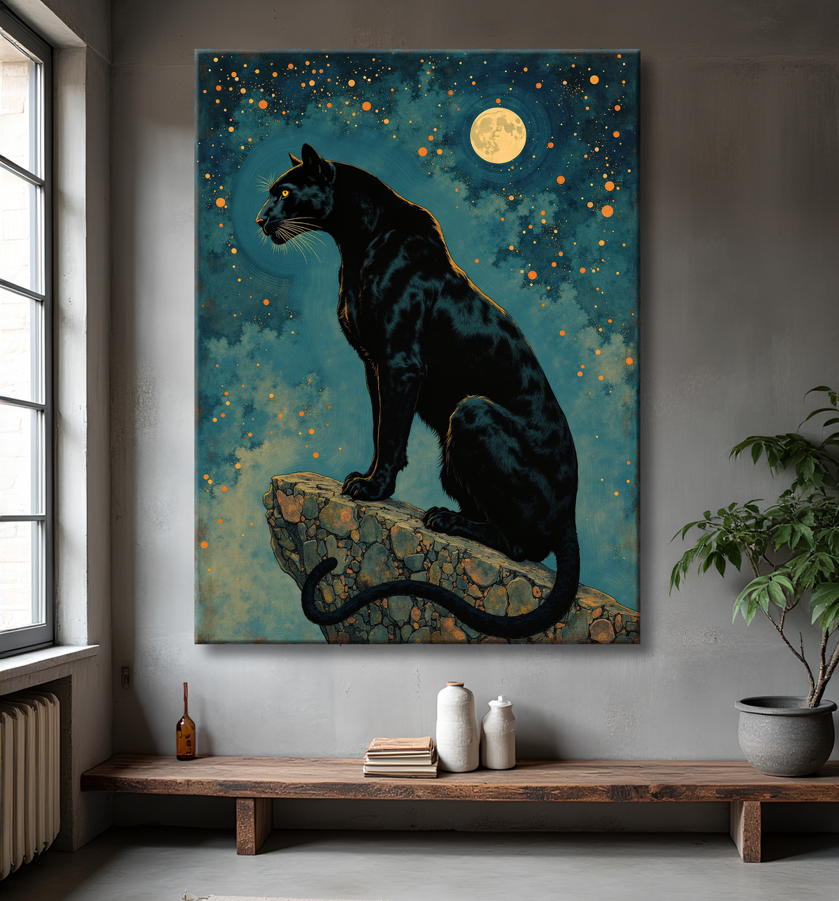 Tableau panthère noire féerique - Illustration magique sous un ciel étoilé avec decor