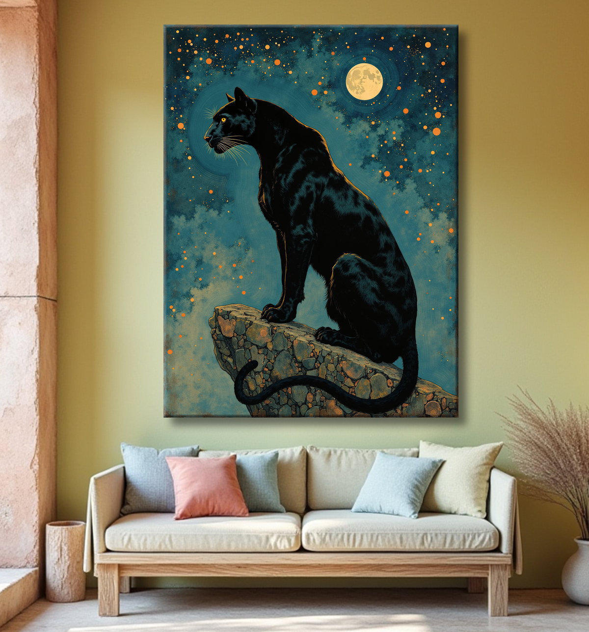 Tableau panthère noire féerique - Illustration magique sous un ciel étoilé avec decor