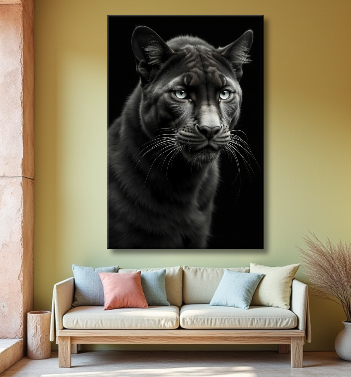 Tableau panthère noire - Portrait artistique sur fond noir avec decor