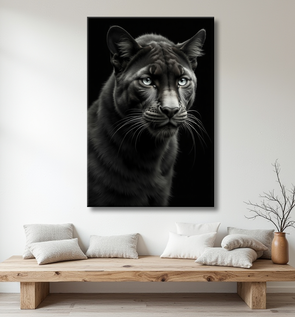 Tableau panthère noire - Portrait artistique sur fond noir avec decor