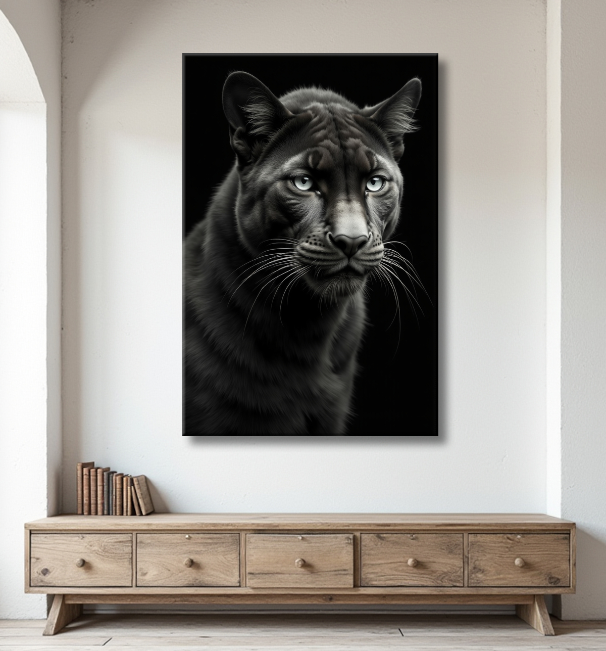Tableau panthère noire - Portrait artistique sur fond noir avec decor
