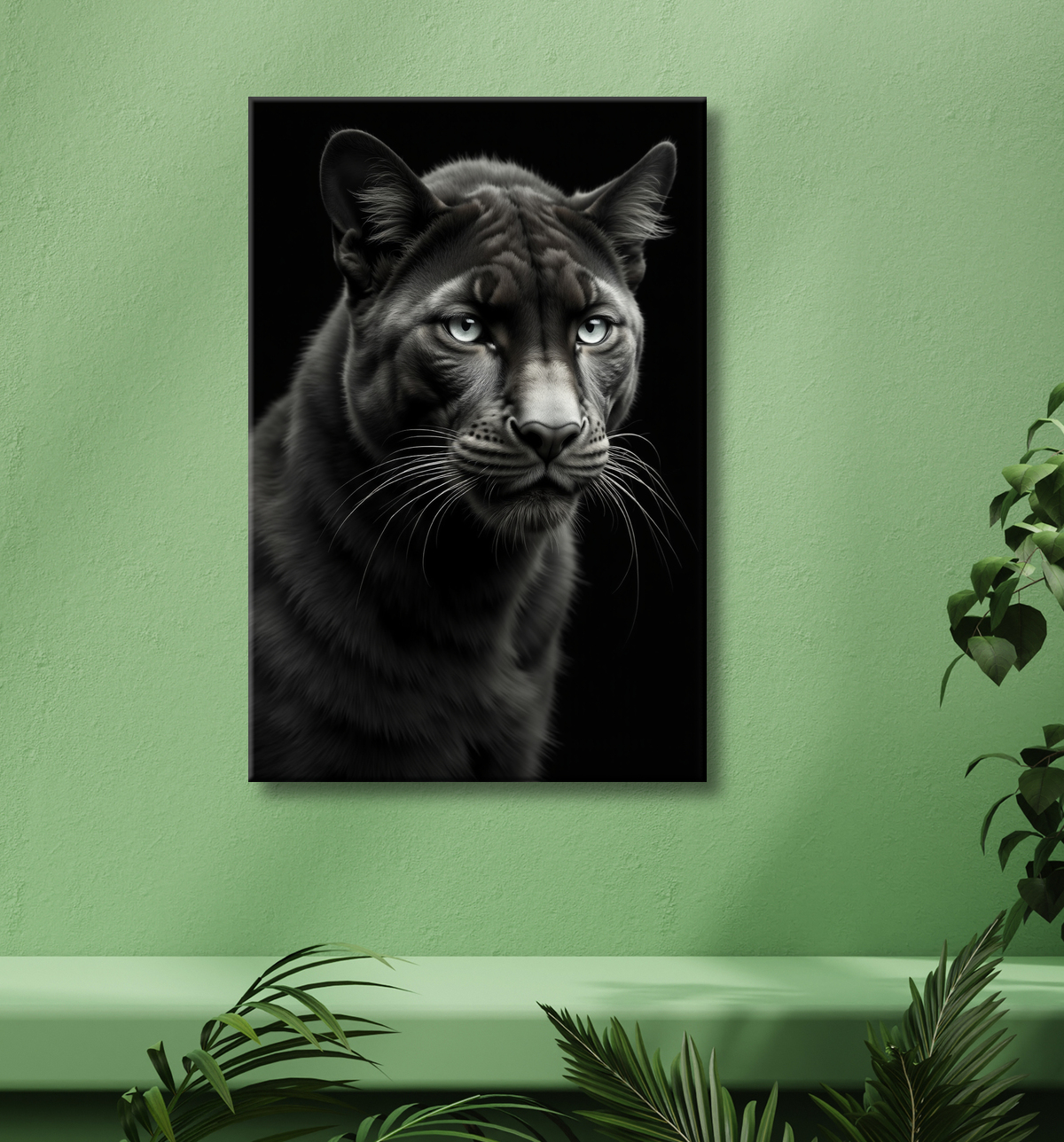 Tableau panthère noire - Portrait artistique sur fond noir avec decor