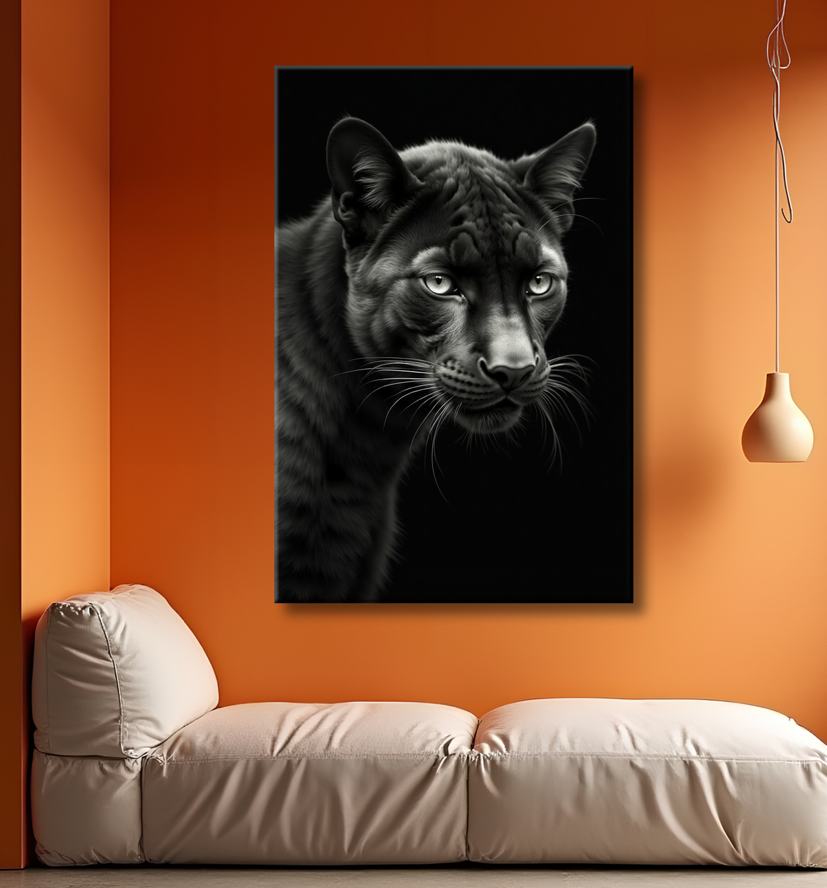 Tableau panthère noire - Portrait artistique sur fond noir avec decor