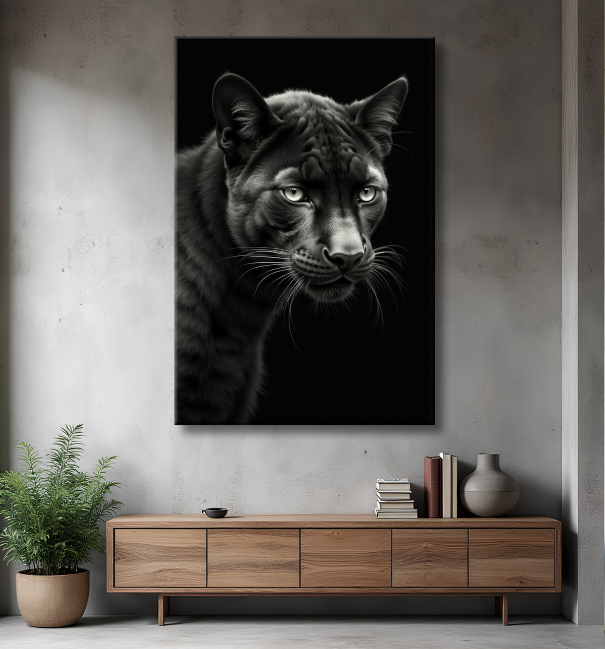 Tableau panthère noire - Portrait artistique sur fond noir avec decor