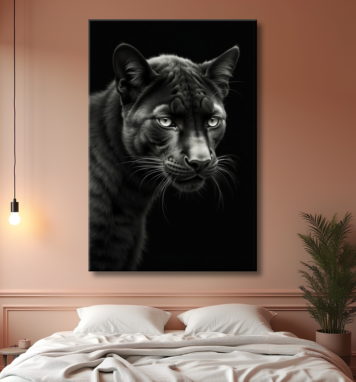 Tableau panthère noire - Portrait artistique sur fond noir avec decor