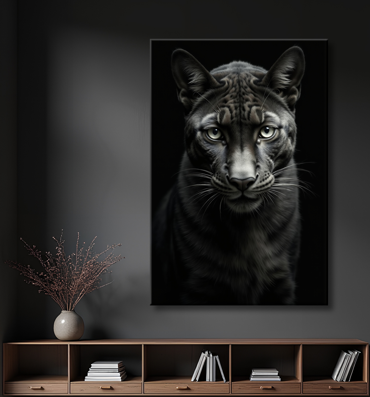 Tableau panthère noire - Portrait artistique sur fond noir avec decor