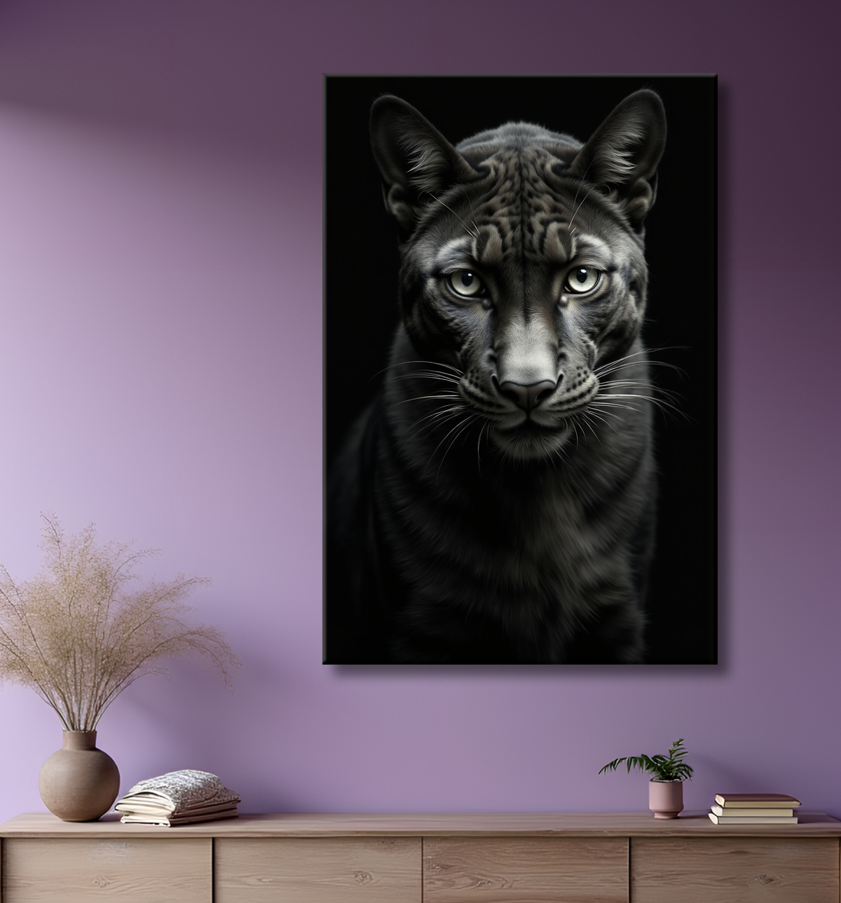 Tableau panthère noire - Portrait artistique sur fond noir avec decor