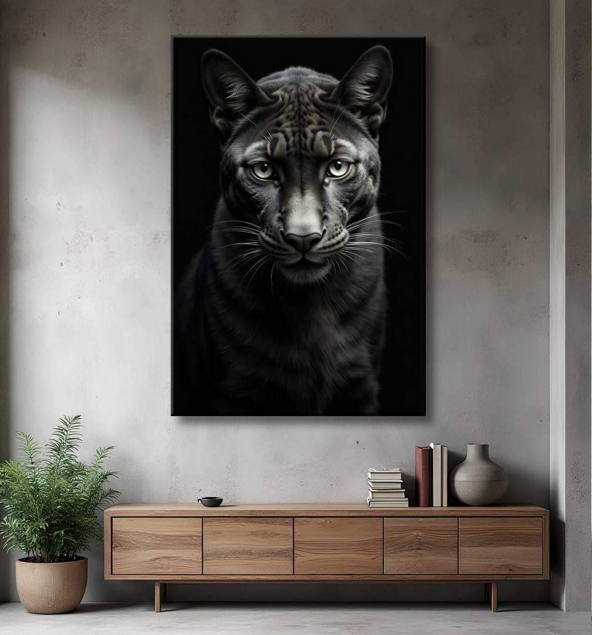 Tableau panthère noire - Portrait artistique sur fond noir avec decor