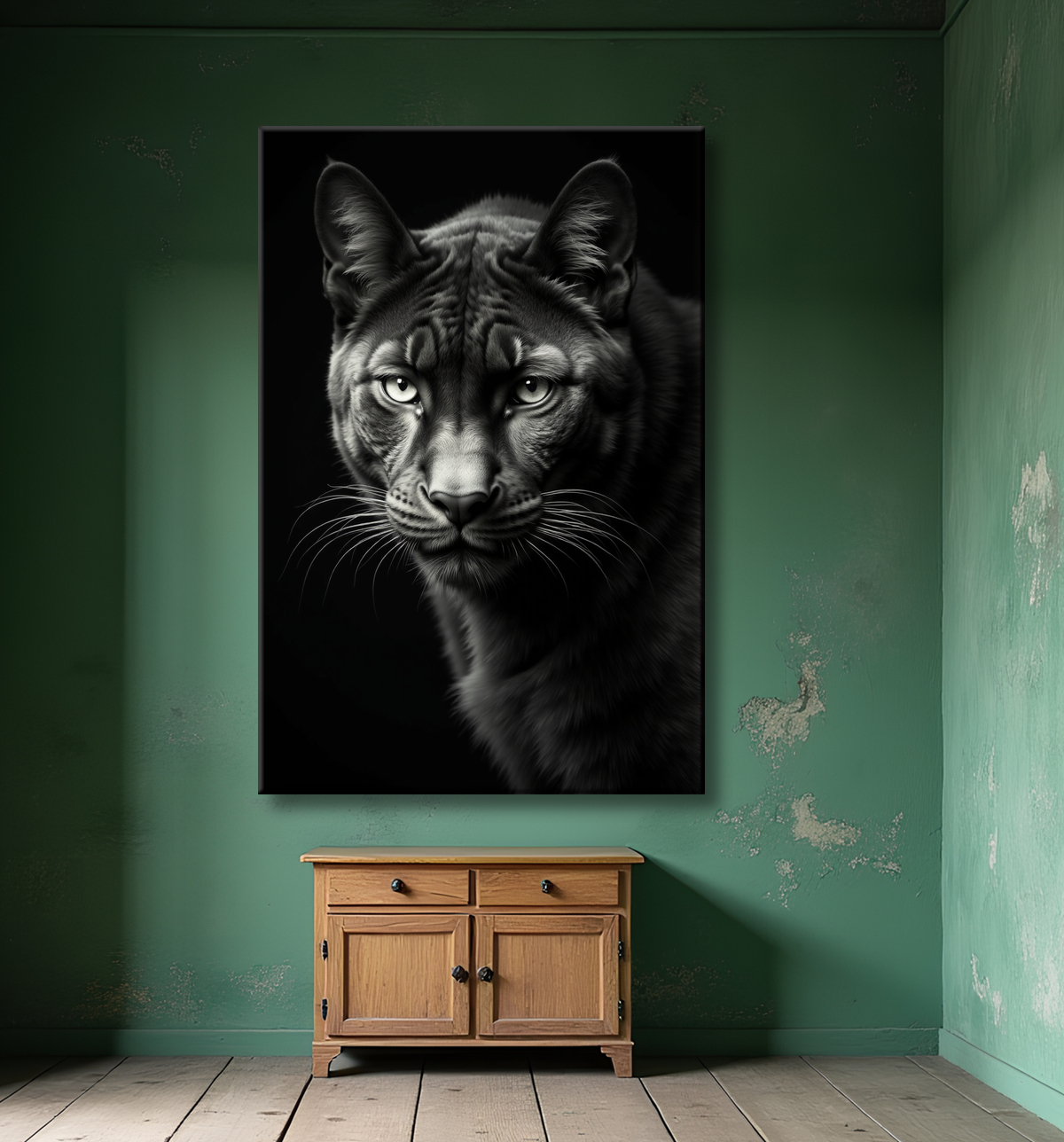 Tableau panthère noire - Portrait artistique sur fond noir avec decor