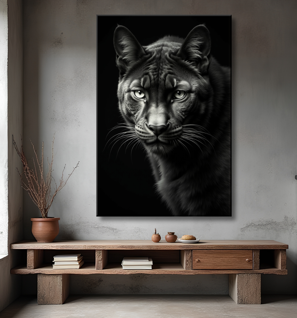 Tableau panthère noire - Portrait artistique sur fond noir avec decor