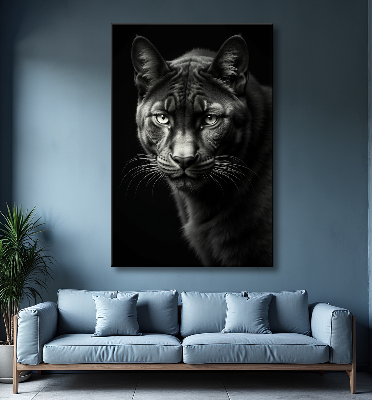 Tableau panthère noire - Portrait artistique sur fond noir avec decor
