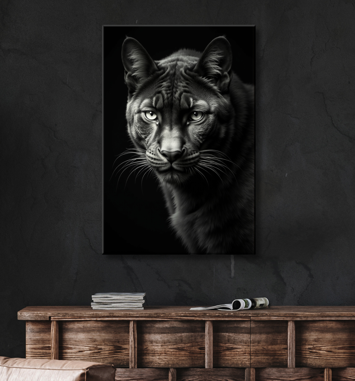 Tableau panthère noire - Portrait artistique sur fond noir avec decor