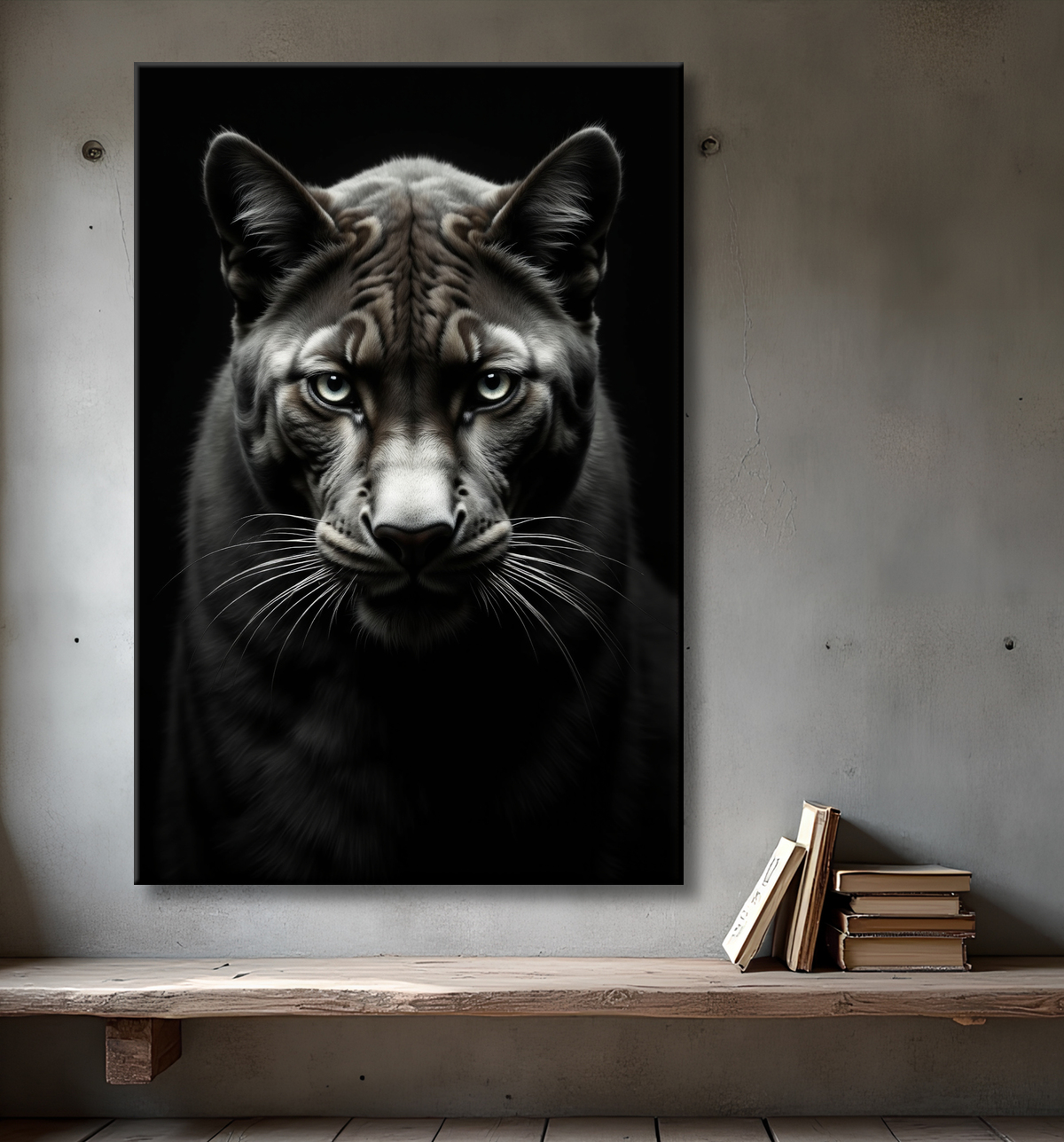 Tableau panthère noire - Portrait artistique sur fond noir avec decor