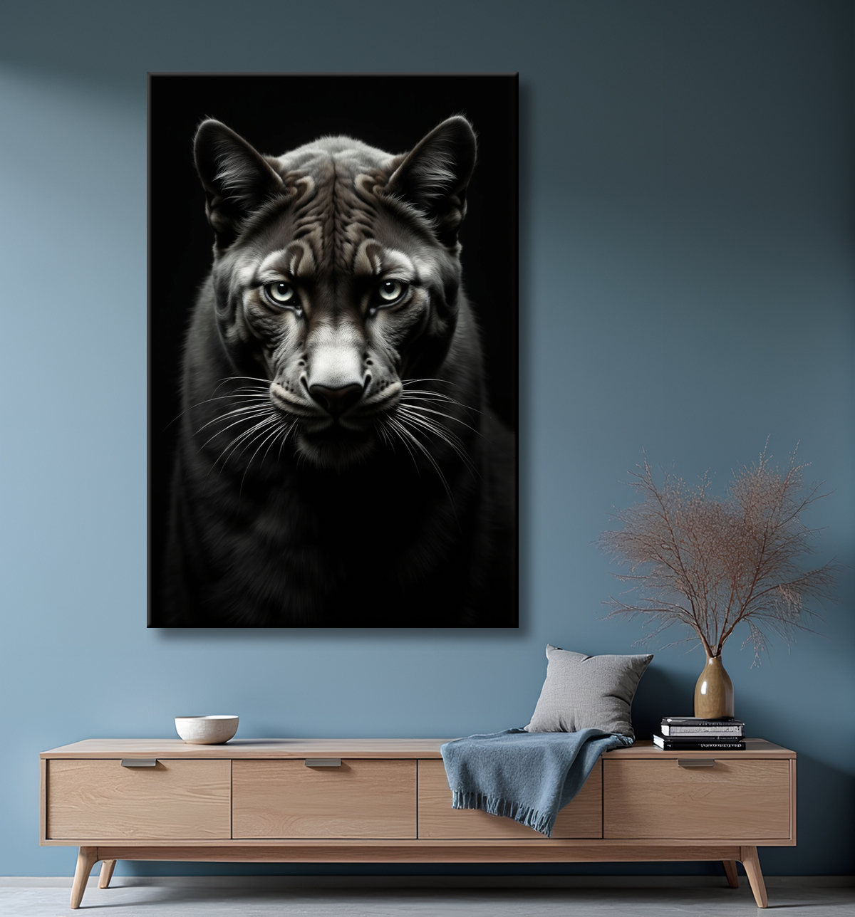 Tableau panthère noire - Portrait artistique sur fond noir avec decor