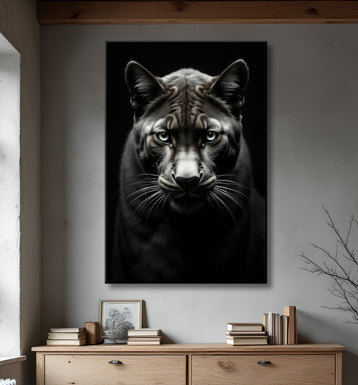 Tableau panthère noire - Portrait artistique sur fond noir avec decor