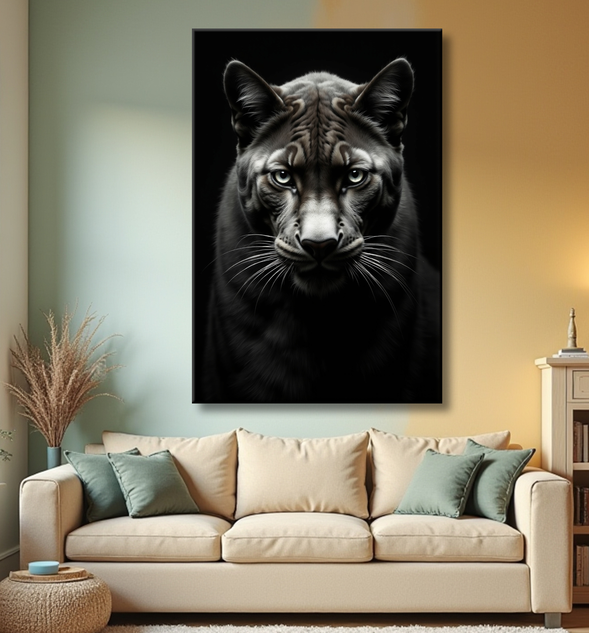 Tableau panthère noire - Portrait artistique sur fond noir avec decor