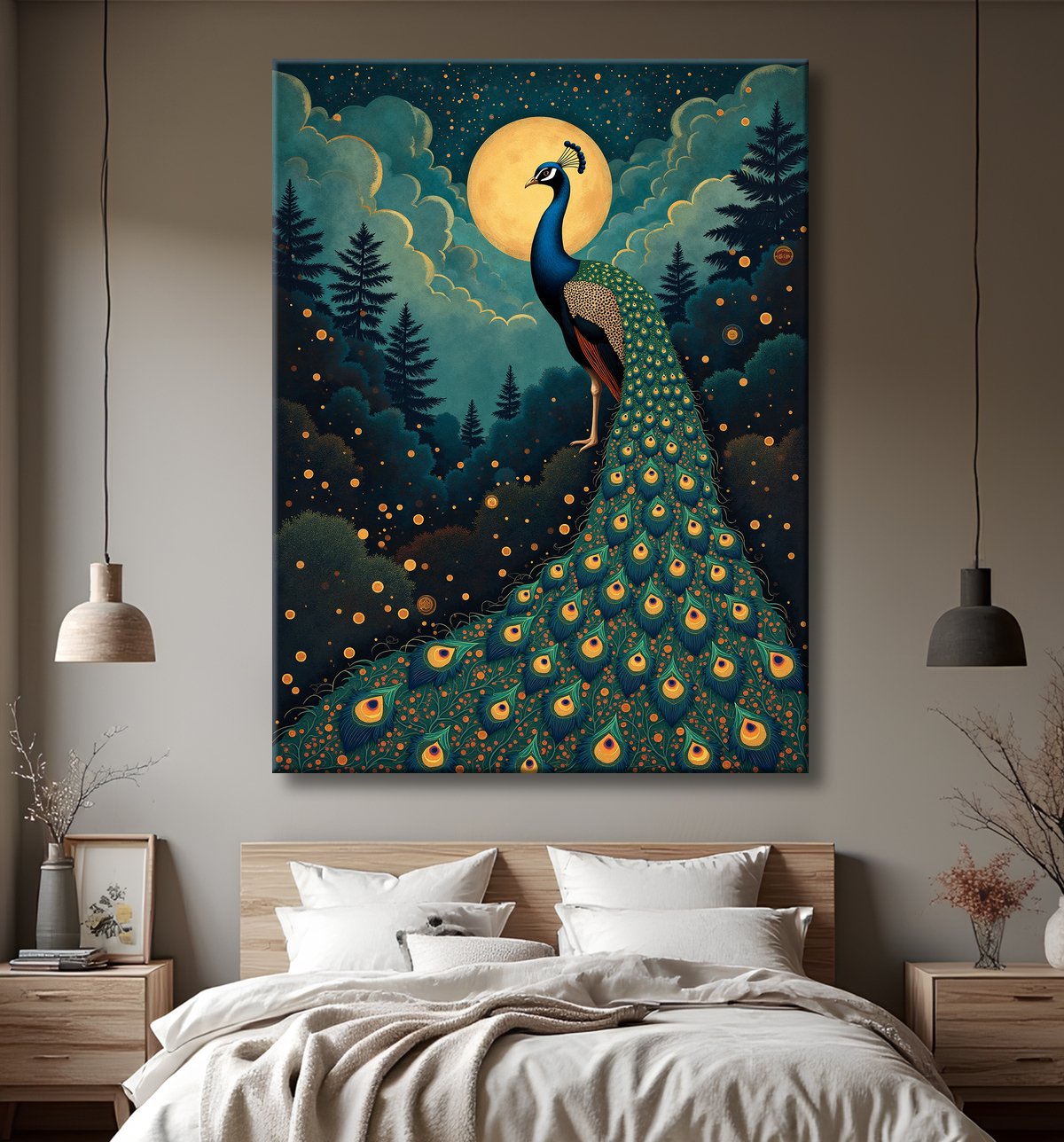 Tableau paon féerique - Illustration magique et colorée sous un ciel étoilé avec decor
