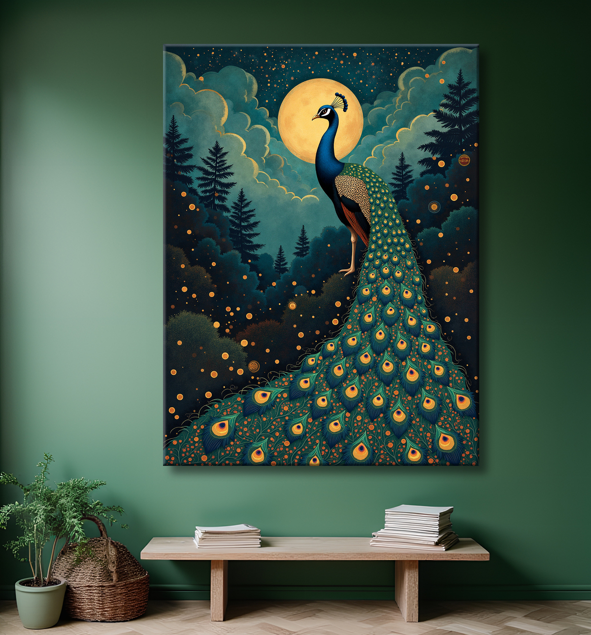 Tableau paon féerique - Illustration magique et colorée sous un ciel étoilé avec decor