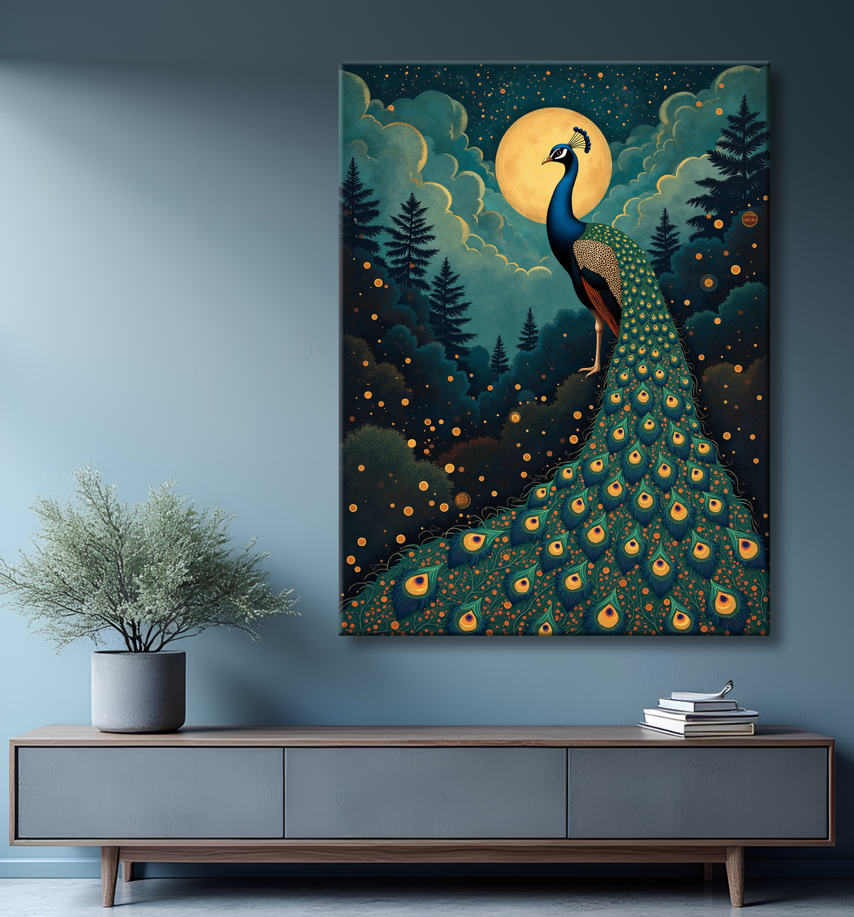 Tableau paon féerique - Illustration magique et colorée sous un ciel étoilé avec decor