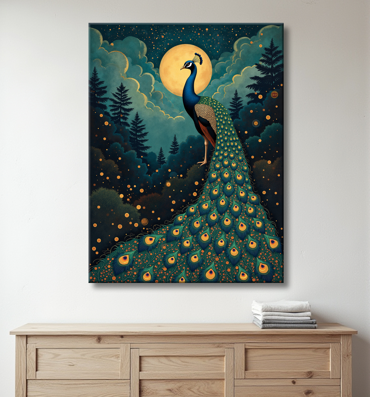 Tableau paon féerique - Illustration magique et colorée sous un ciel étoilé avec decor