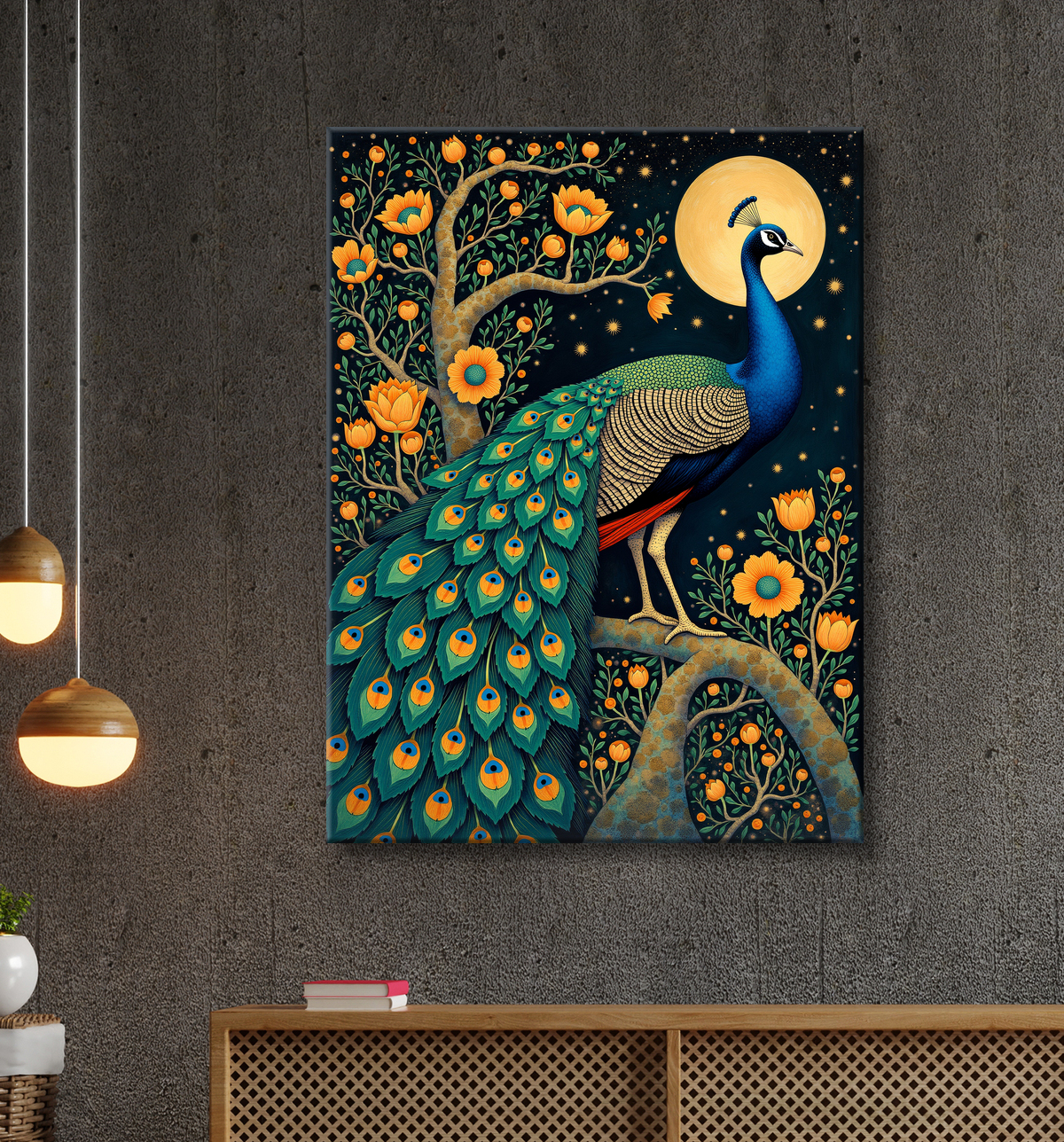 Tableau paon féerique - Illustration magique et colorée sous un ciel étoilé avec decor