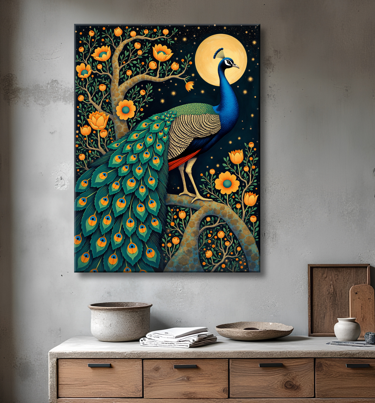 Tableau paon féerique - Illustration magique et colorée sous un ciel étoilé avec decor
